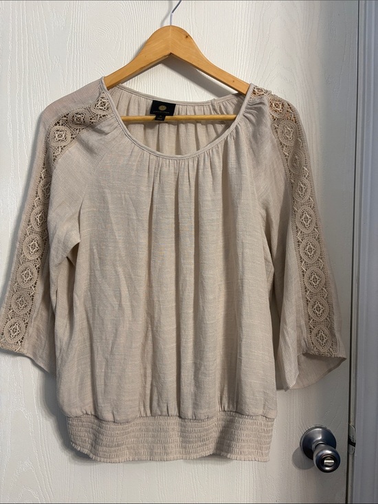 JM Collection Tops - JM Collection Beige Lace-Trim Peasant Blouse